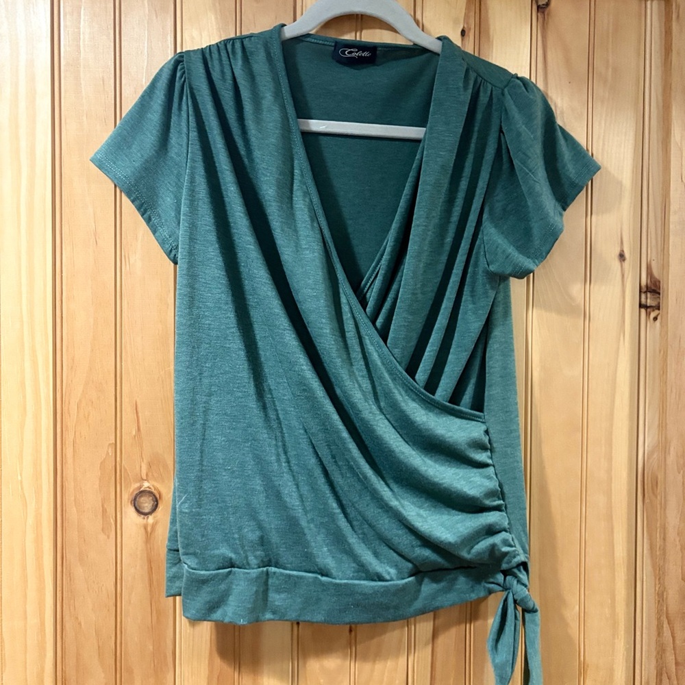 Colette Malouf Green Wrap Tie Front Short Sleeve Blouse
